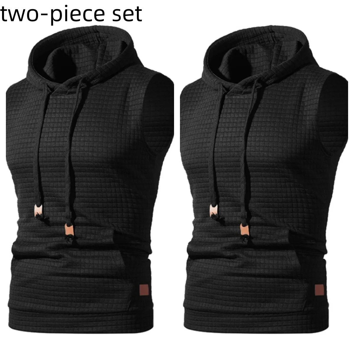 

2-piece men's checkered sports hooded vest, sleeveless sweatshirt, fitness training vest, casual vest, men's jacket