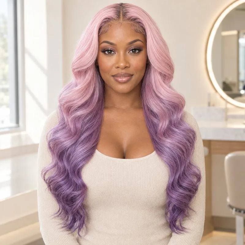 Purple Pink Colored Body Wave Wig Human Hair 13x4 Lace Front Bleached Knots Middle Part Heat Resistant Glue And Go 180 Density