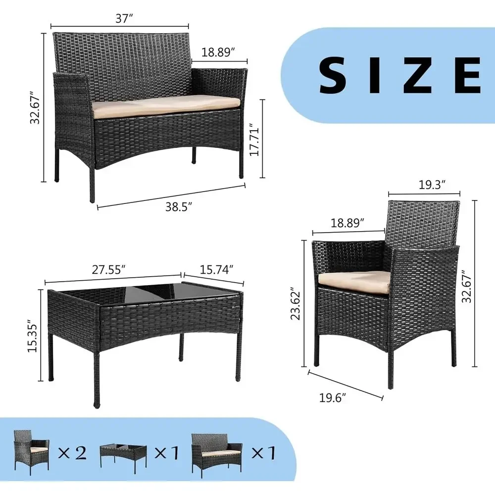 4-Piece Outdoor Patio Furniture Set with PE Wicker and Tempered Glass Table, All-Weather Cushions, Ideal for Porch, Balcony, and