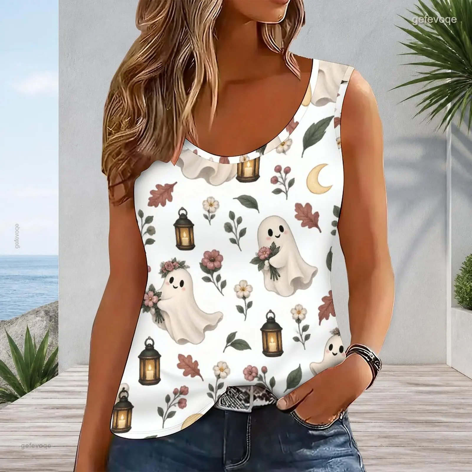 Women Sleeveless Scoop Neck Printed Tank Top White Moon Star Vintage Key Lavender Botanical Pattern Curved Hem Top