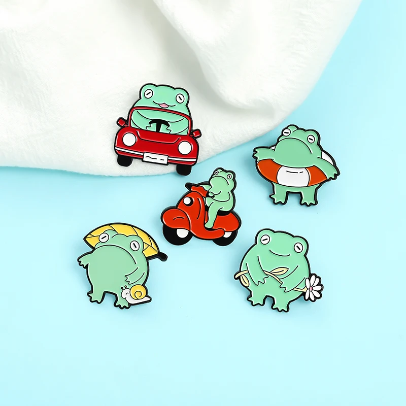 Fun Frog Enamel Pins Custom Froggy Car Swimming Pool Plant Brooch Lapel Badge Bag Cartoon Animal Jewelry Gift for Kids Friends