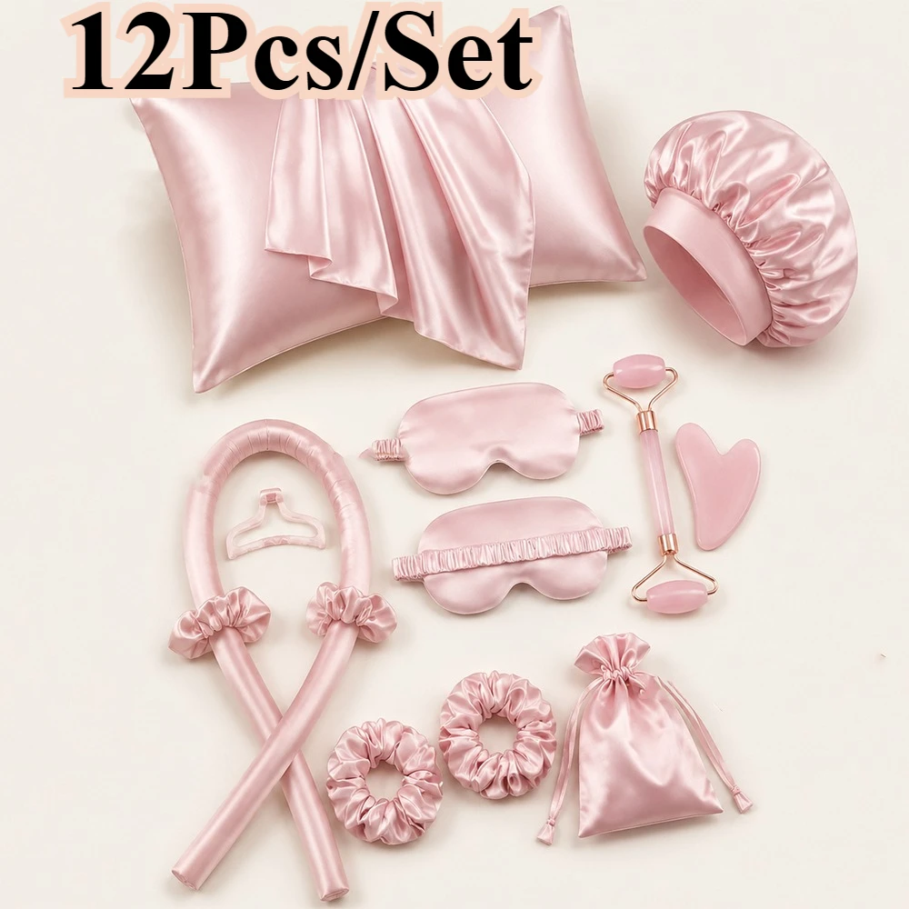 4/12Pcs Styling Kit Heatless Silk Curler with Sleeping Mask Shower Cap for Women and Girls Beauty Kit Travel Hair Styling Tools