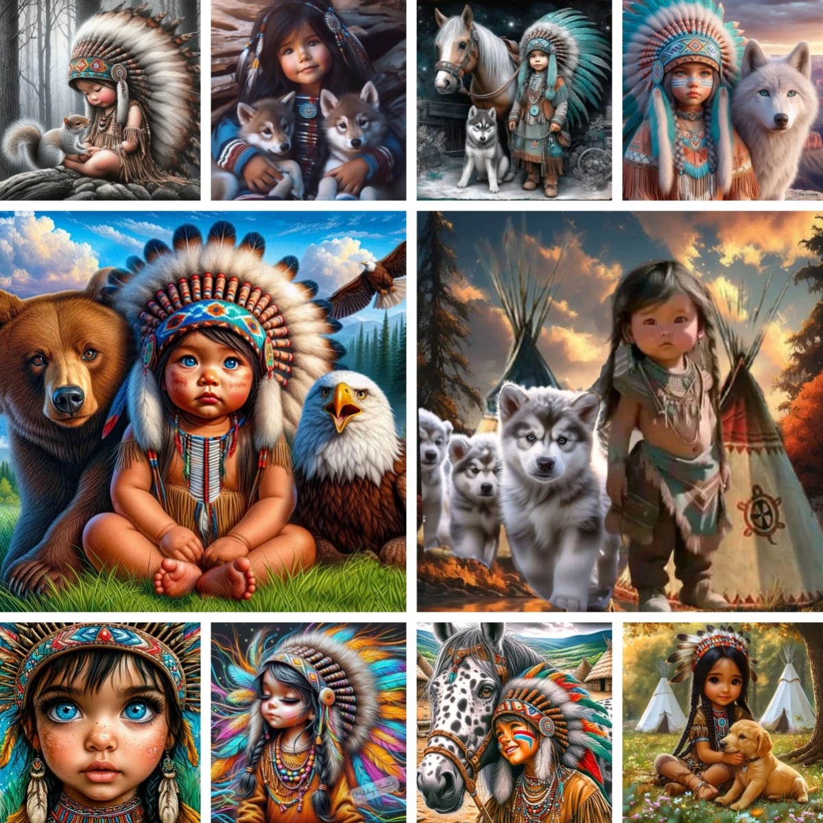 

Indigenous Style Spirit Animal and Sweet Little Girl DIY Diamond Painting Full Rhinestone Diamond Mosaic Kit Gifts Home Decor