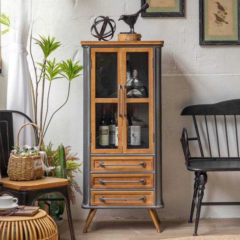 

American solid wood retro vertical cabinet double door living room figure display cabinet cafe locker wrought iron storage cabin