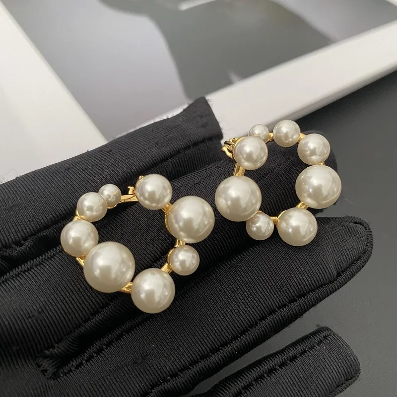 Multi Size Imitation Pearl Irregular Hoop Stud Earrings Gold Plated Minimalist Elegant Women Daily Jewelry