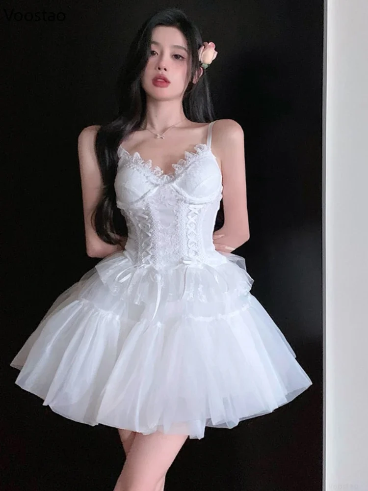 

French Sexy Mesh Princess 2 Piece Set Women Beach V-Neck Lace Bandage Slim Camisole Crop Tops High Waist Fluffy Mini Skirts