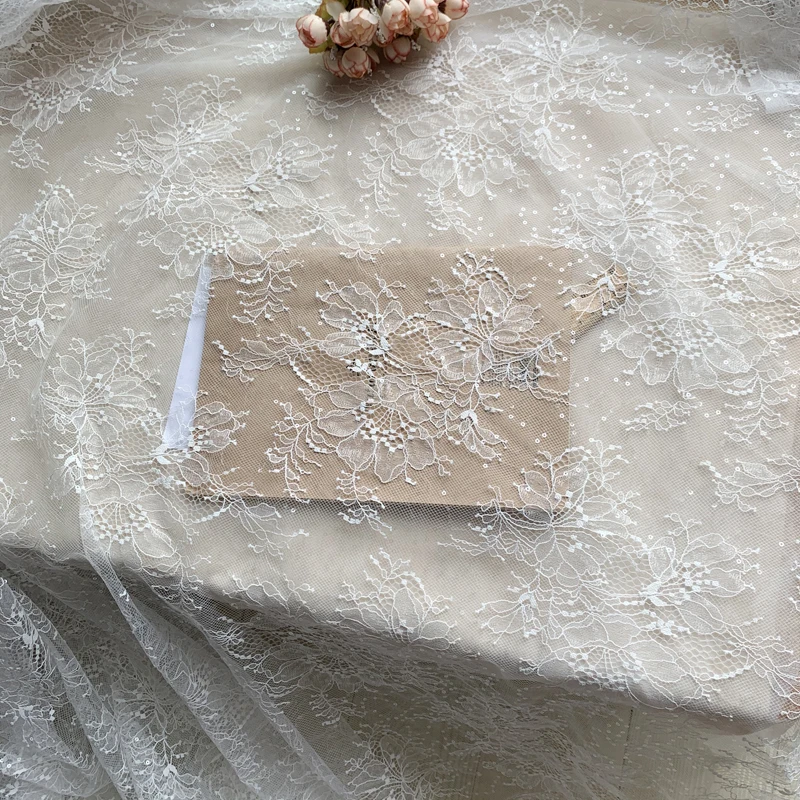 Fashionable chantilly lace with sequins bridal lace fabric 130cm width ivory sequins lace sell by yard