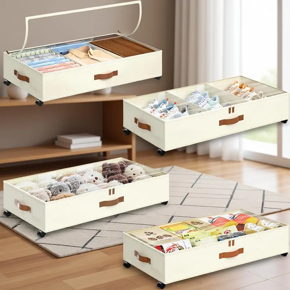 

4-Pack Rolling Underbed Storage Bins with Adjustable Dividers and Clear View Windows for Clothes, Shoes, and Blankets in Beige