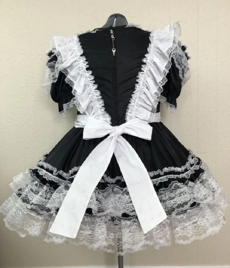 Zipper lockable adult sissy imitation apron French Maid doll collar lovely Lapel lace dress customizable