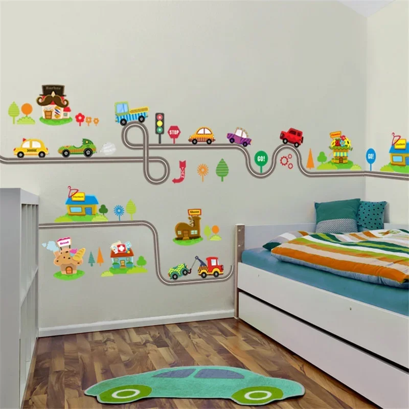 Pegatinas de pared de pista de carretera de coches de dibujos animados para habitaciones de niños, pegatinas de arte para decoración de dormitorio de sala de juegos para niños