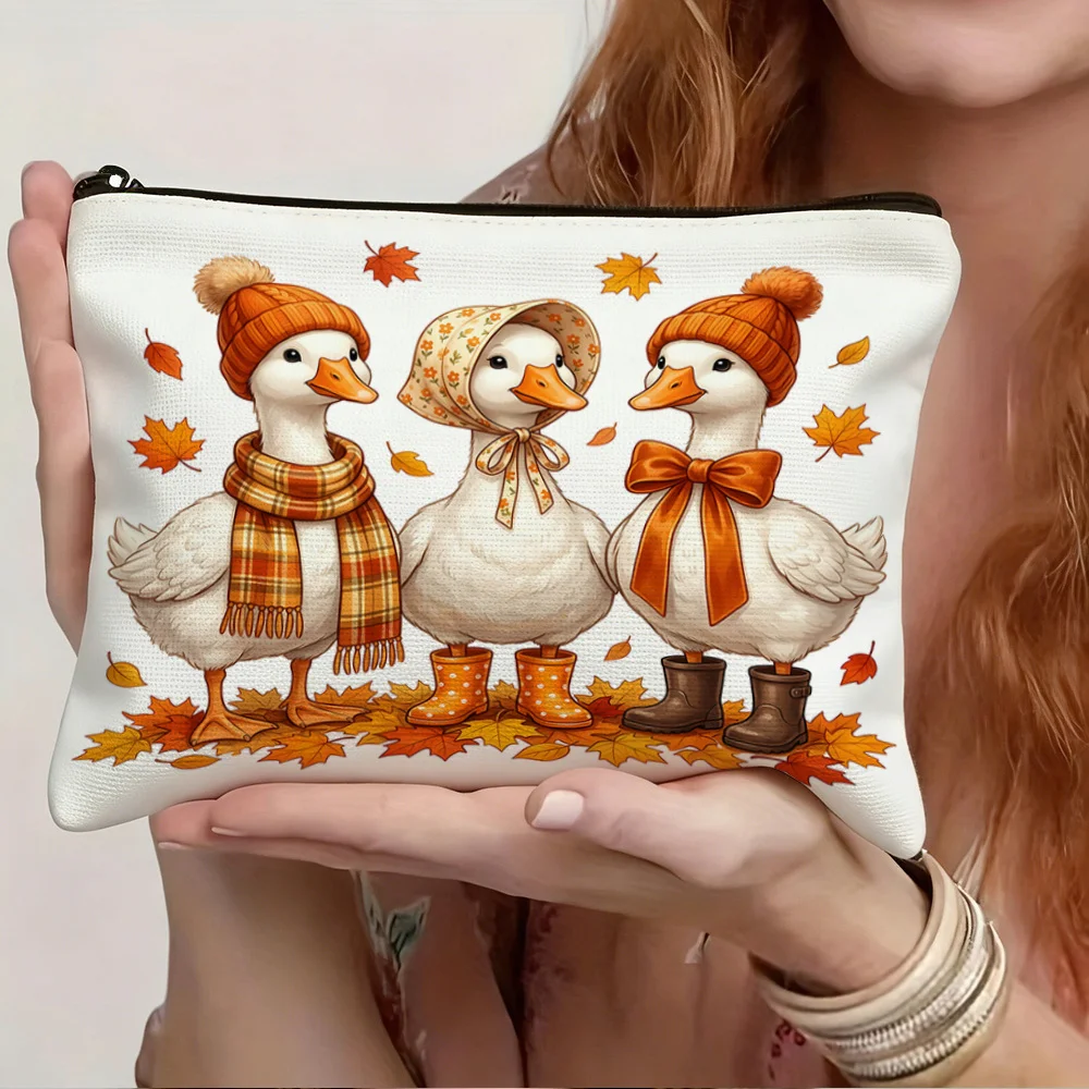 Autumn Cute Ducks Knit Hat Scarf Maple Leaf Cosmetic Bag Fall Farm Duck Print Zipper Pouch Women Travel Makeup Storage Purse