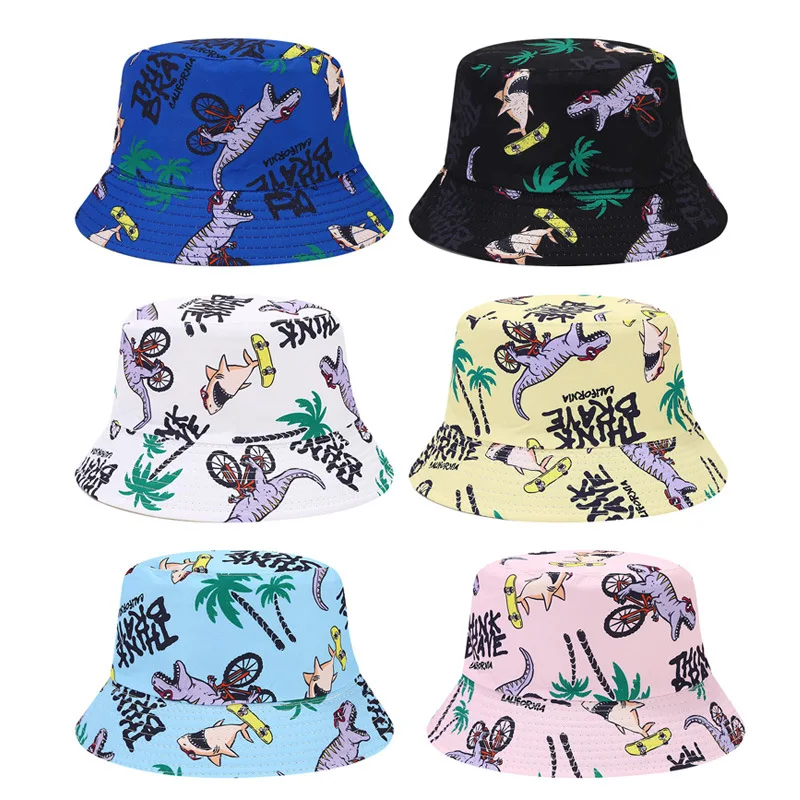 Bocca Cartoon Children Bucket Hat Boys Girls Kids Fisherman Hats Dinosaur Shark Pattern Panama Cap Double Sides Summer Outdoor