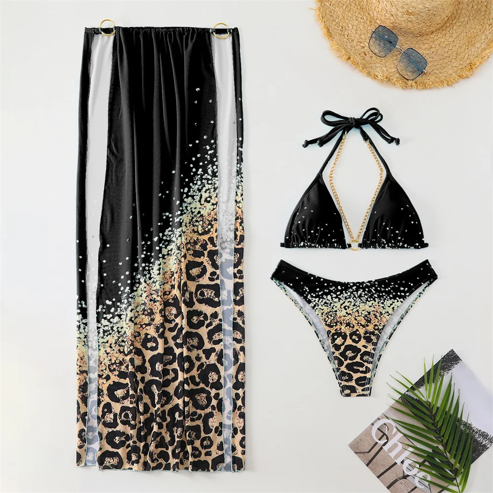 Sexy Leopard Bikini Gradient Y2K Swimwears Skirt Metal Rings Chains Swimsuit Women Backless String Outfit Beachwear Bathing Suit