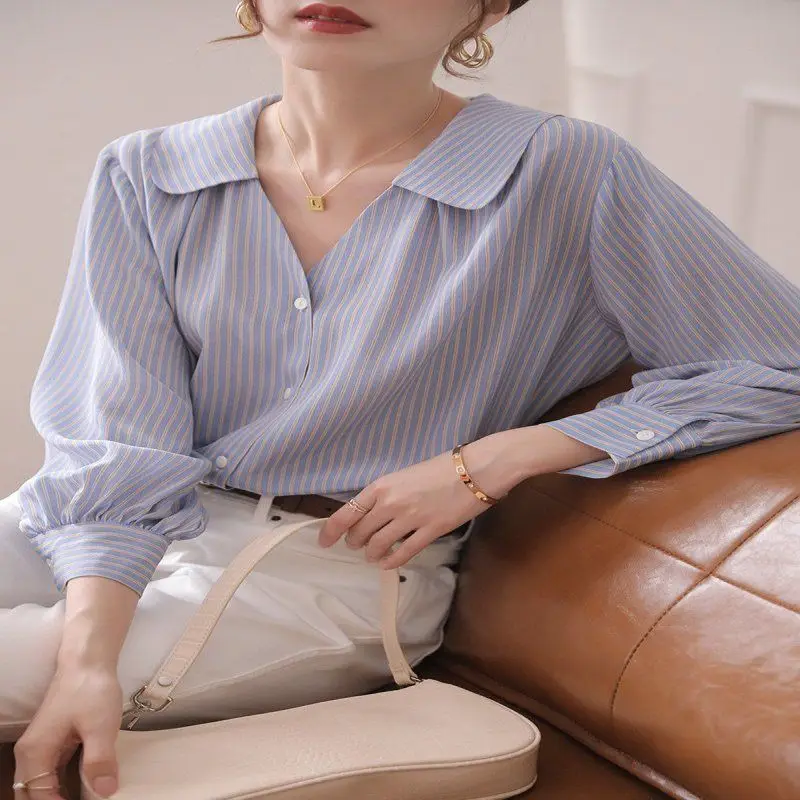 Fashion Lapel Printed Button All-match Striped Shirt Women\'s Clothing 2022 Autumn New Loose Casual Tops Office Lady Blouse