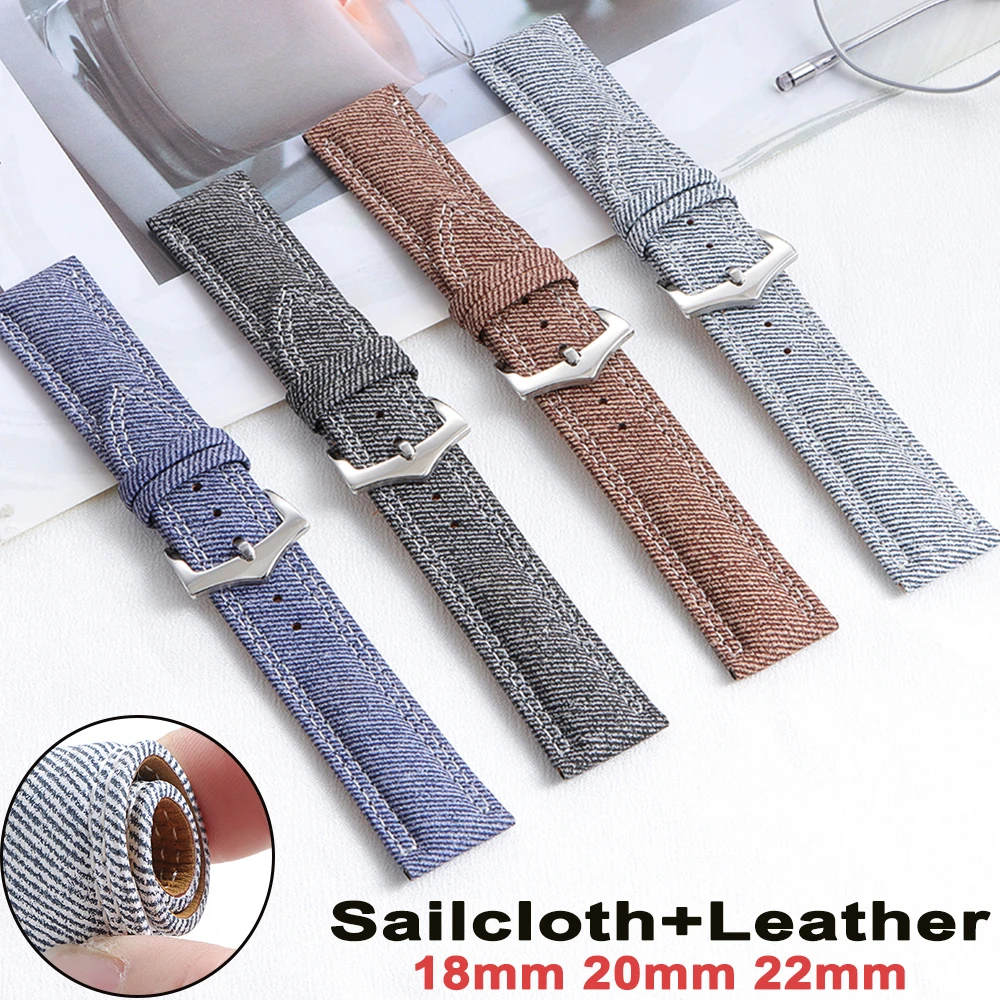 Denim Sailcloth Leather WatchStrap 18mm 20mm 22mm for Seiko Bracelet Durable Soft Canvas Band Men Women Wristband for Smartwatch