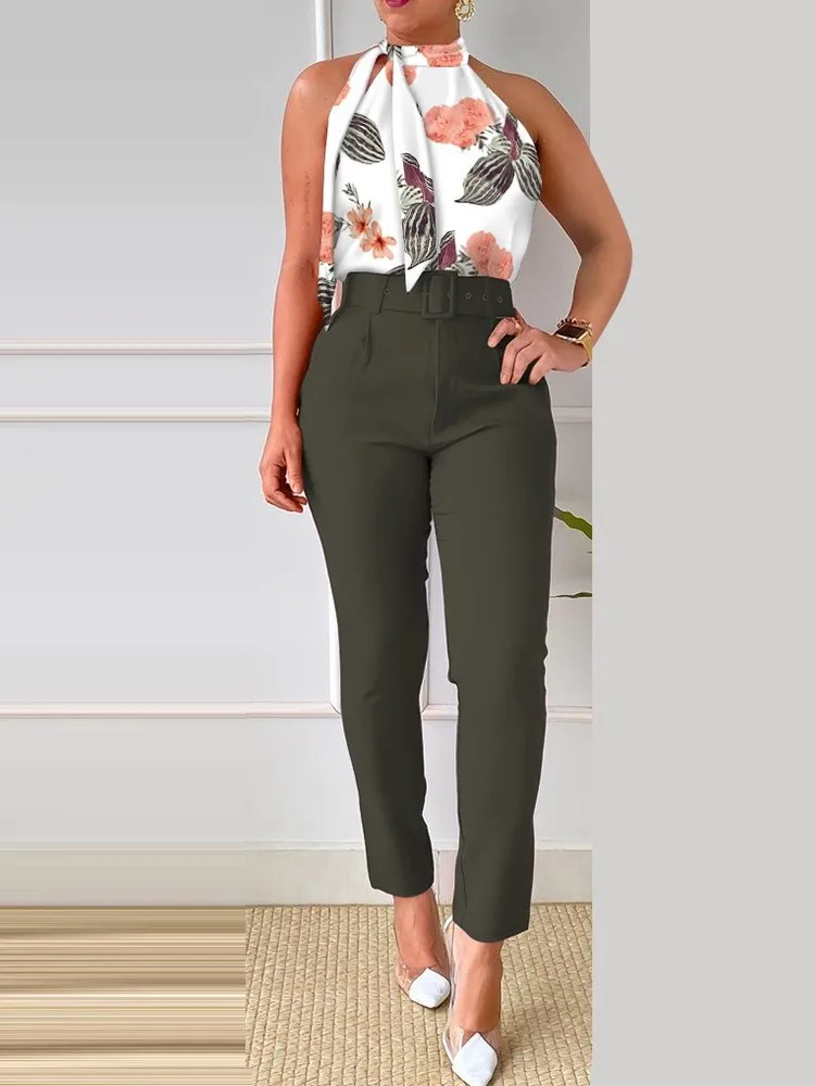 Ensemble Deux Pièces pour Femme, Pantalon Long d'Été, Imprimé Floral, Halter, Haut en Fibre Précieuse avec Ceinture, Tenue Féminine à Col Rond