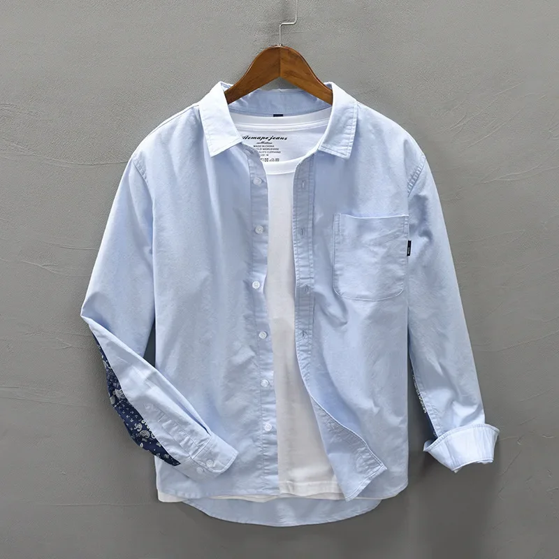 Japanse Mode Lange Mouw Witte Mannen Lente Zomer Puur Katoenen Causale Shirts Revers Zak Bedrukt Shirt Eenvoudige Mannen Kleding