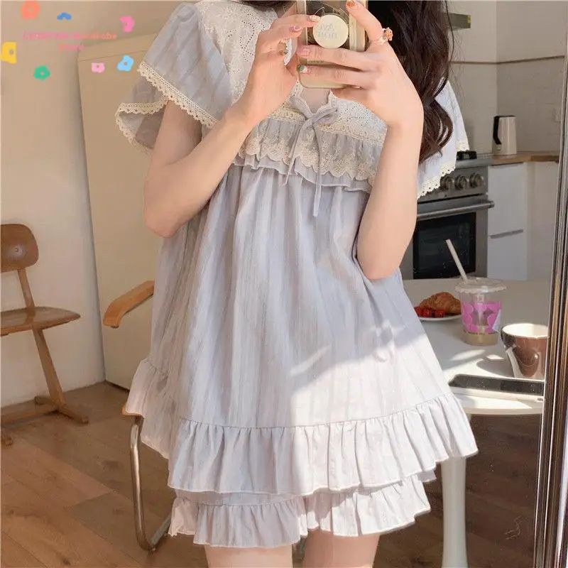 Fashion Summer Sleepwear Women Cute Lace Slip Home Wear Princess Style Nightwear Beauty Gift for Ladies V-Neck 2Pcs Loungewear