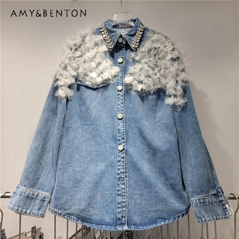 

Blue Lace Floral Applique Single-breasted Denim Shirt Women's 2026 Spring Vintage High-end Silhouette Blouse Coat Y2k Clothes