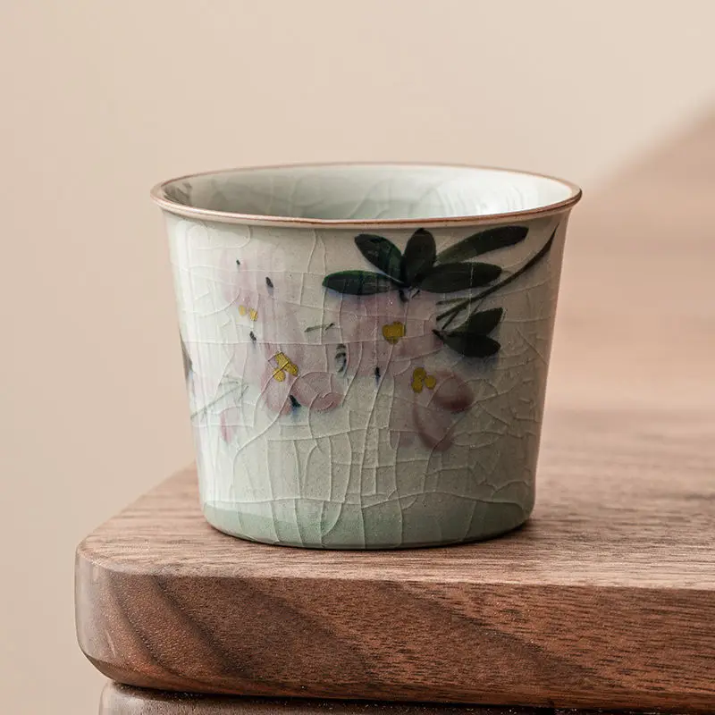 

Ice cracked glazed hand-painted magnolia flower tea cup, tea tasting cup, ceramic kung fu tea set