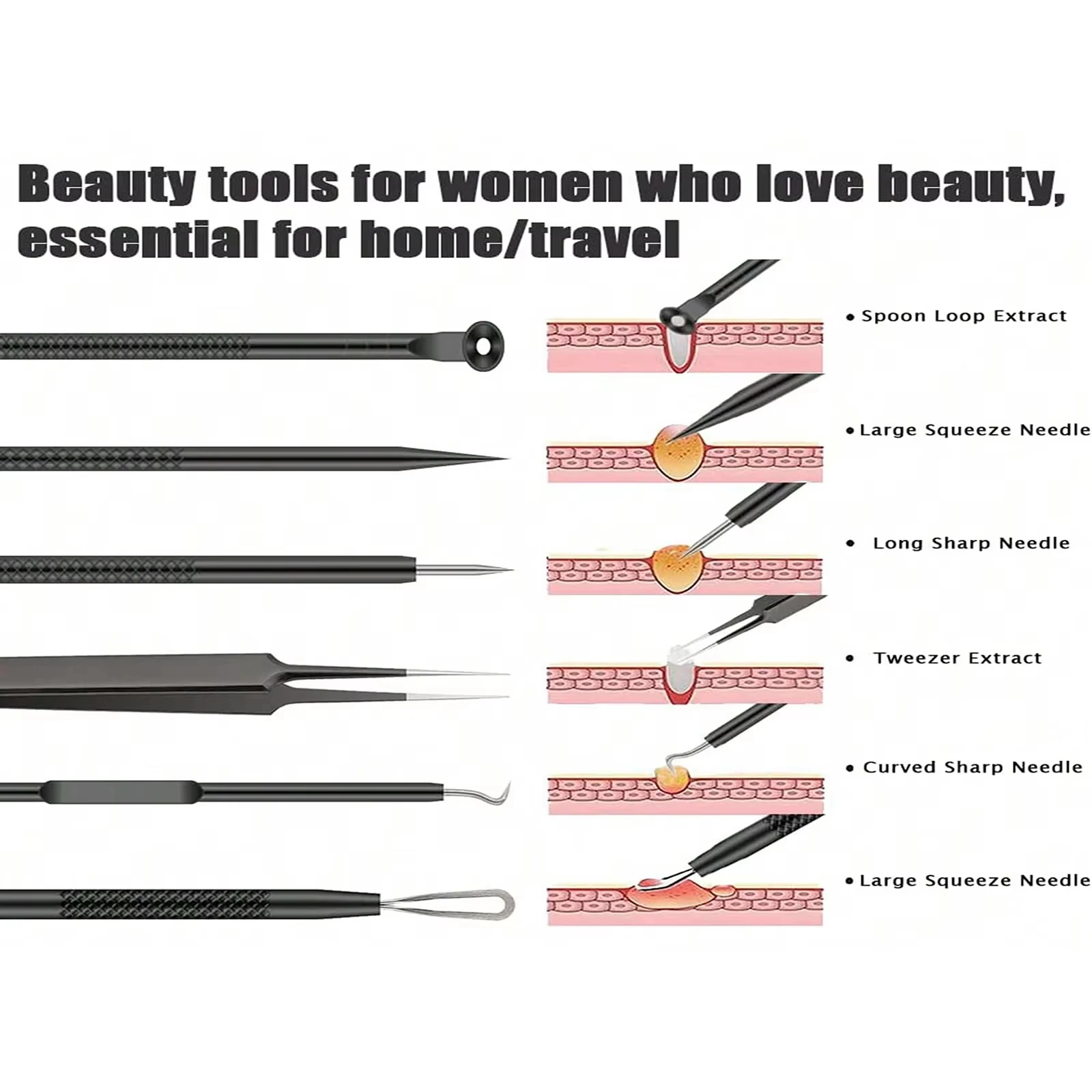 6 unids/set aguja y Clip para eliminación de acné herramienta de acero inoxidable eliminación de espinillas imperfecciones cuidado de la piel Facial belleza limpieza de poros faciales