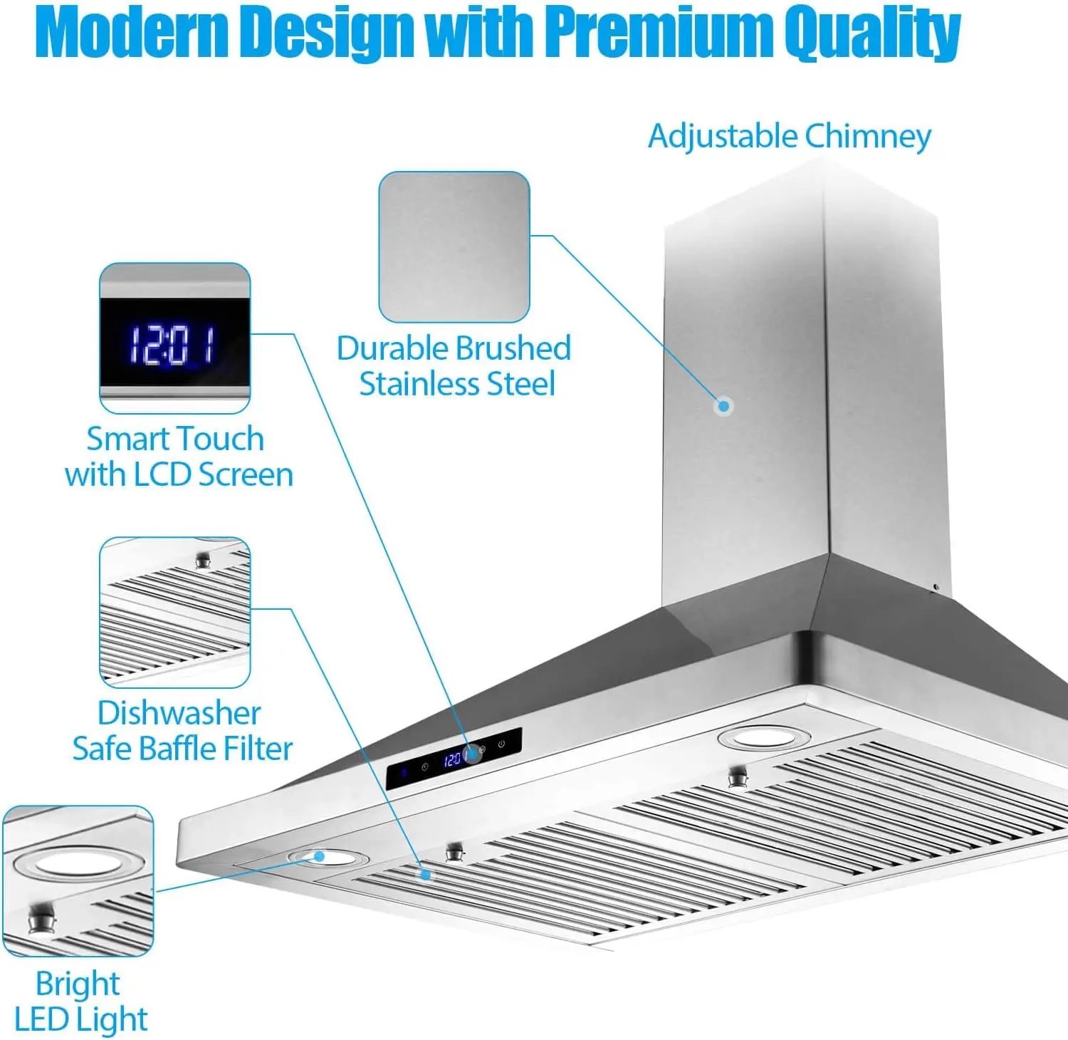 Wall Mount Range Hood 30 inch Kitchen Hood 700 CFM with Ducted/Ductless Convertible Duct, Touch Control, Permanent Filters, Stai