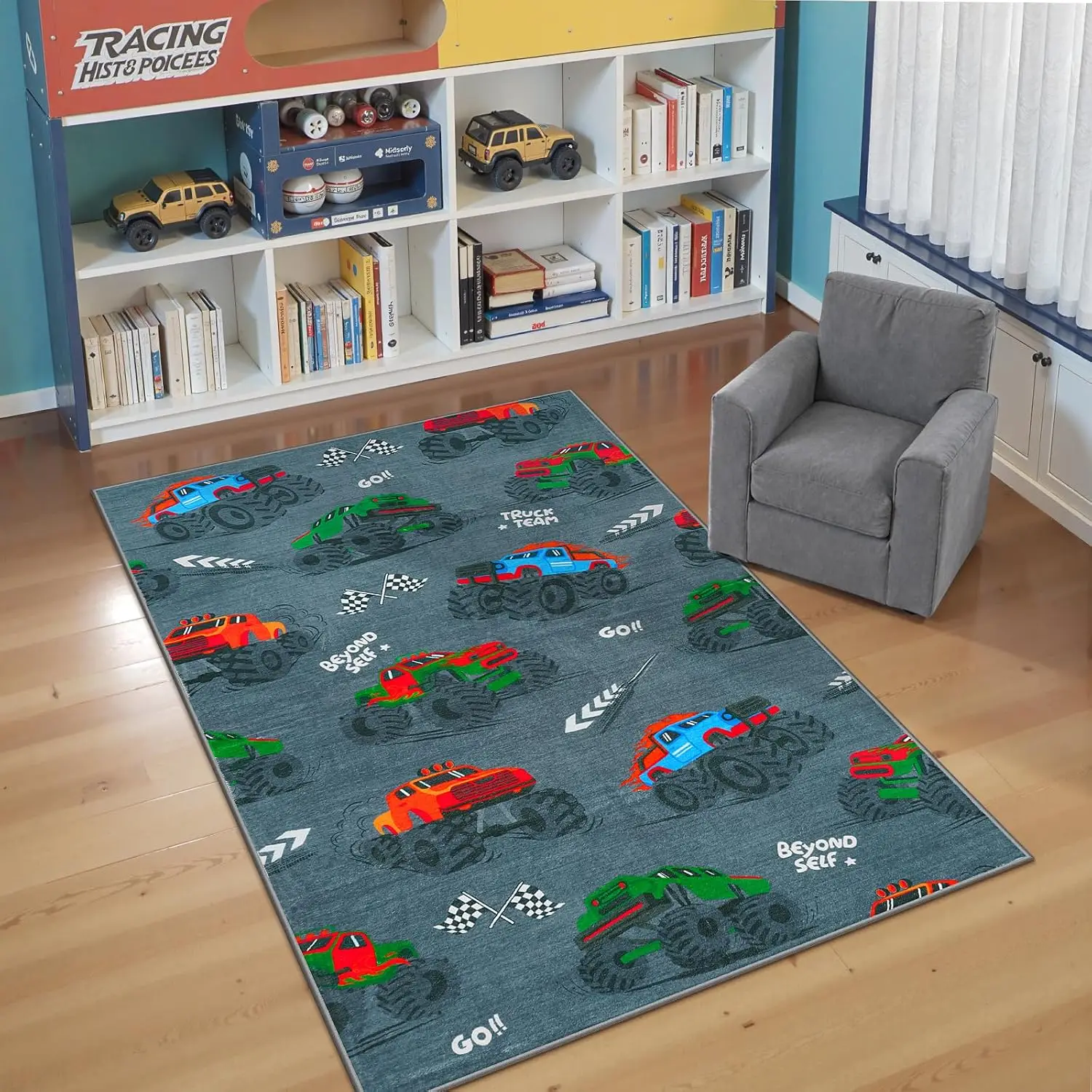 Grey Monster Truck Mat, Vivid Color Offroad Race Car Flag Kids Decor Art Print, Non-Slip Washable Rug for Entry Hall Kitchen