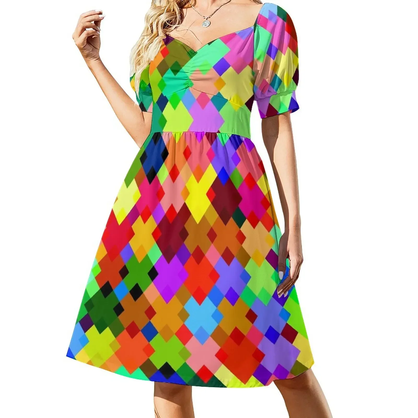 

Bright Checkered Colors Short-Sleeved Dress long dresses for women women evening dress Dress