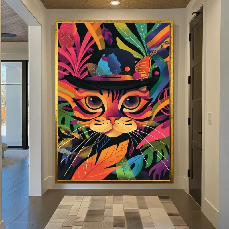

2D/Flat Abstract Funny Cat Canvas Poster, Frameless Modern Colorful Cat Animal Wall Art Print for Living Room and Bedroom Decor