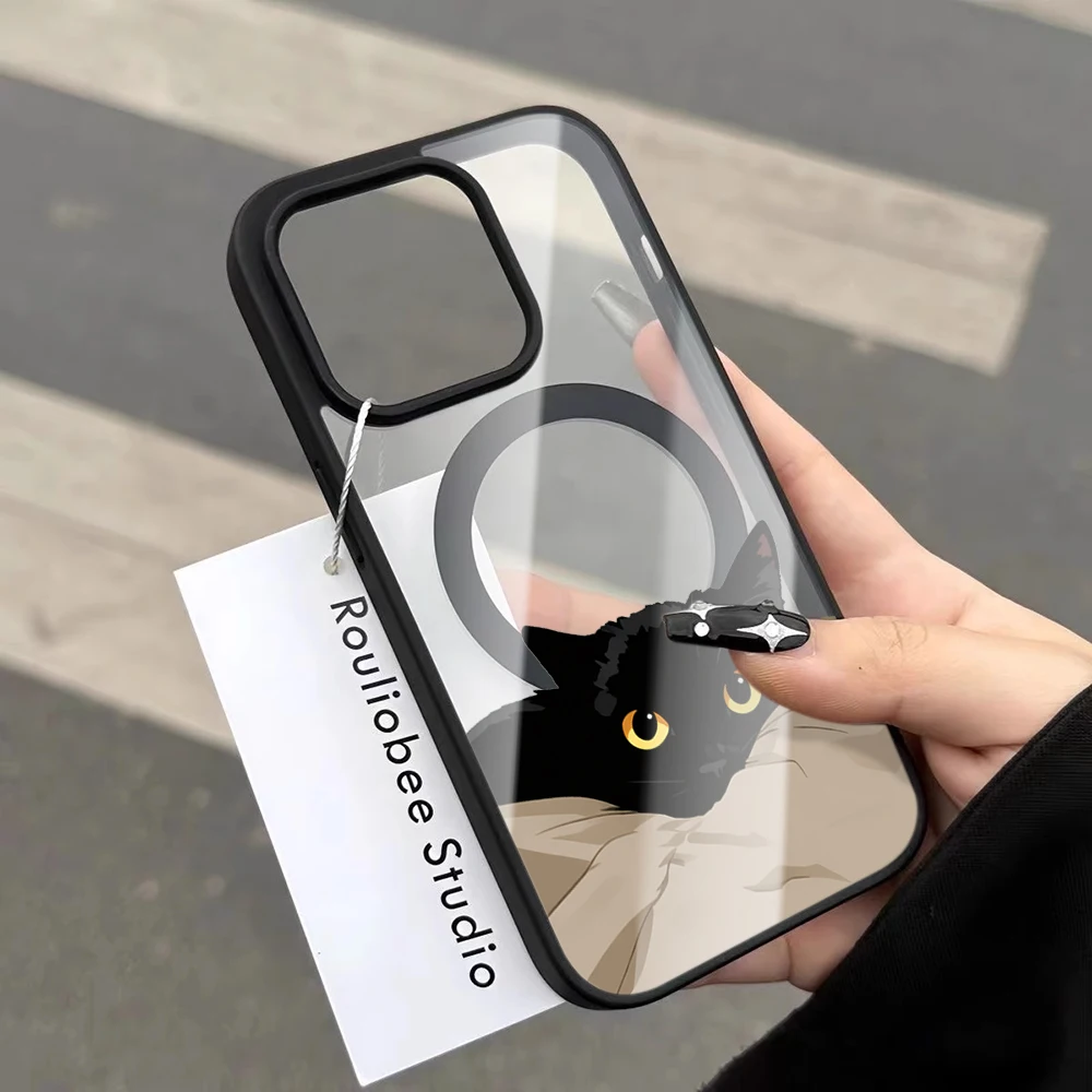 Niedliche Schwarze Katze Ästhetische Transparente Hülle für iPhone 17 16 11 12 15 Pro Max 13 14 Plus Hüllen für Magsafe Kabelloses Laden Drop Cover – Detail 6