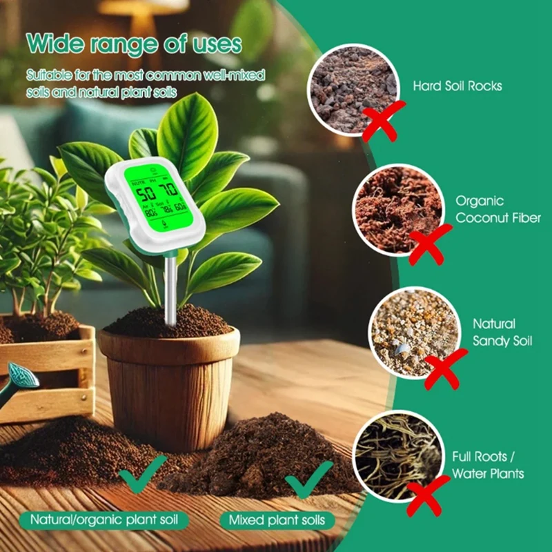 7 In 1 Soil PH Meter ความชื้นในดินเครื่องวัดอุณหภูมิดิน PH Fertility อุณหภูมิความชื้นเครื่องทดสอบสําหรับ Garden Farm เครื่องวิเคราะห์ดิน