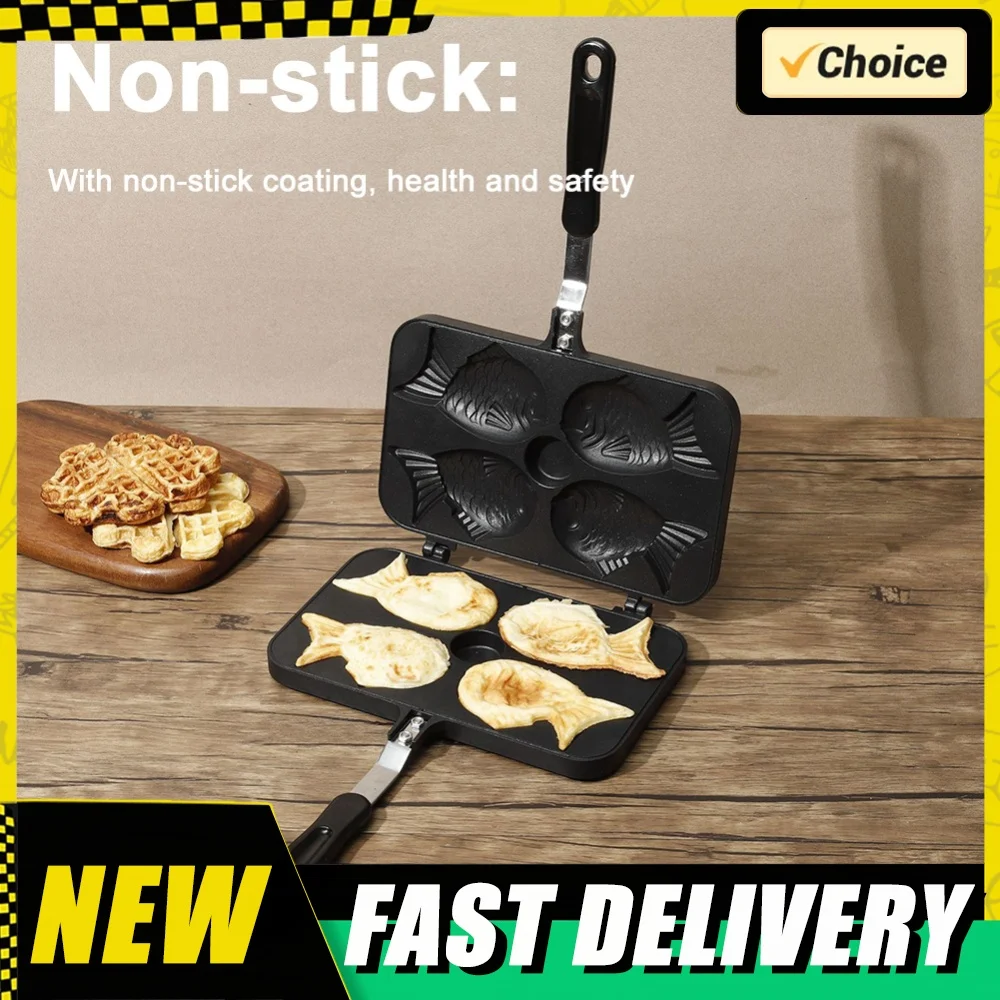 Four Fish Shaped Fry Pan Waffle Molds Aluminum Alloy Taiyaki Cake Maker Taiyaki Cooking Bakeware Breakfast Machine Waffle Maker
