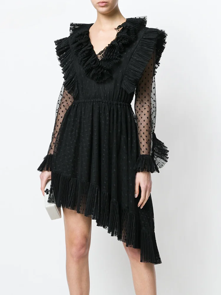 

ZOZO Asymmetrical Mini Dress for Women V Neck Long Sleeve High Waist Solid Patchwork Slim Female Clothing Summer Fashion