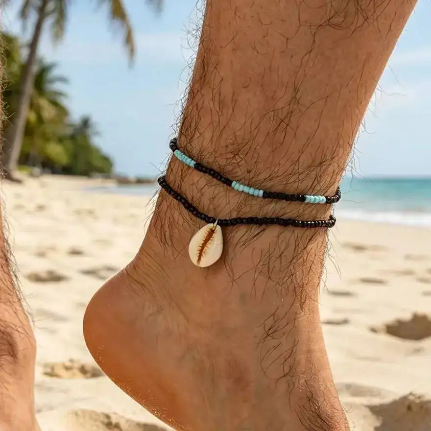 KunJoe 2Pcs/Set Bohemian Scallop Woven Anklet Women Vintage Summer Rice Beads Bracelet On The Leg Beach Barefoot Sandal Jewelry