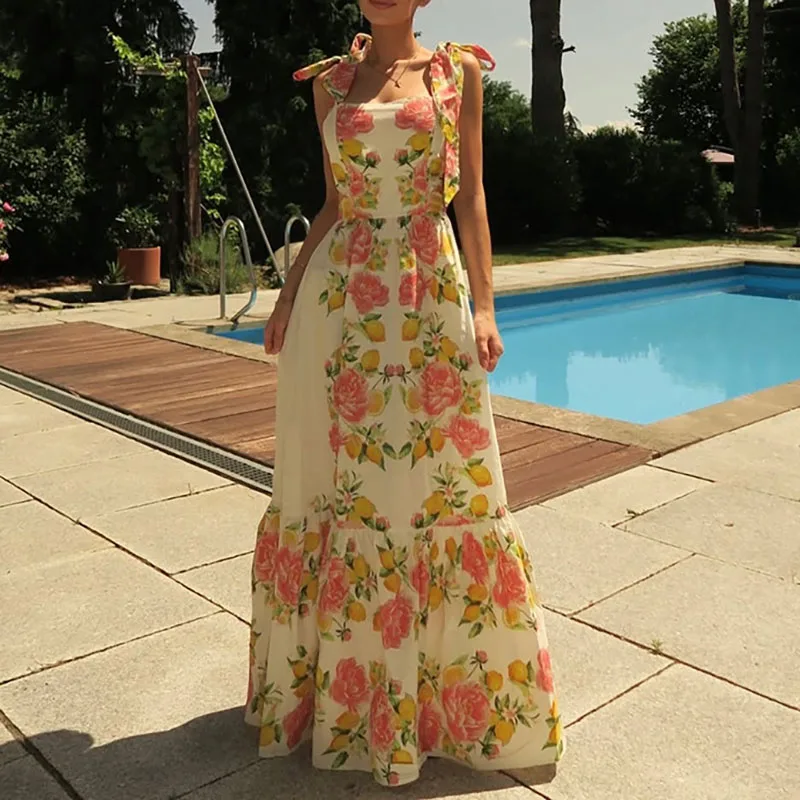 Resort impressão arco rendas suspensórios vestido feminino sexy fora do ombro sem mangas bohe vestido moda altura cintura balanço vestidos de festa