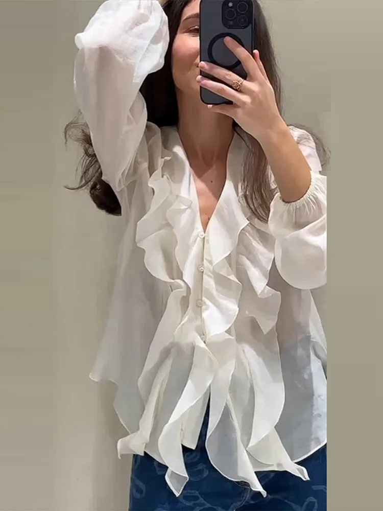 

Casual Ruffles Women's Shirt Loose Solid Full Sleeve Single-breasted Female Blouse Elegant V Neck Lady Office Tops Commuting