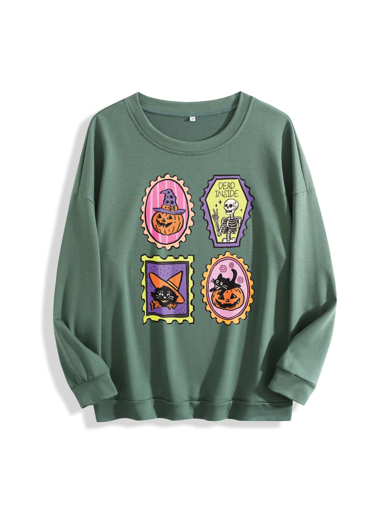 Modny damski sweter na Halloween z wielokolorowym nadrukiem, okrągły dekolt, dopasowany krój, czysta bawełna, idealny na jesień i zimę, styl sportowy na Halloween.