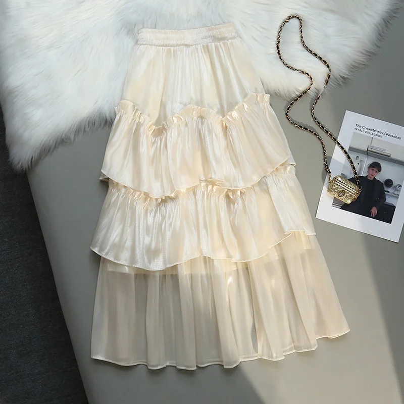 High Waist 2023 New Vintage Mesh Women's Cake Mi-long Skirts Spring Summer Ruffles Umbrella Skater A-Line Pleated Skirts Female