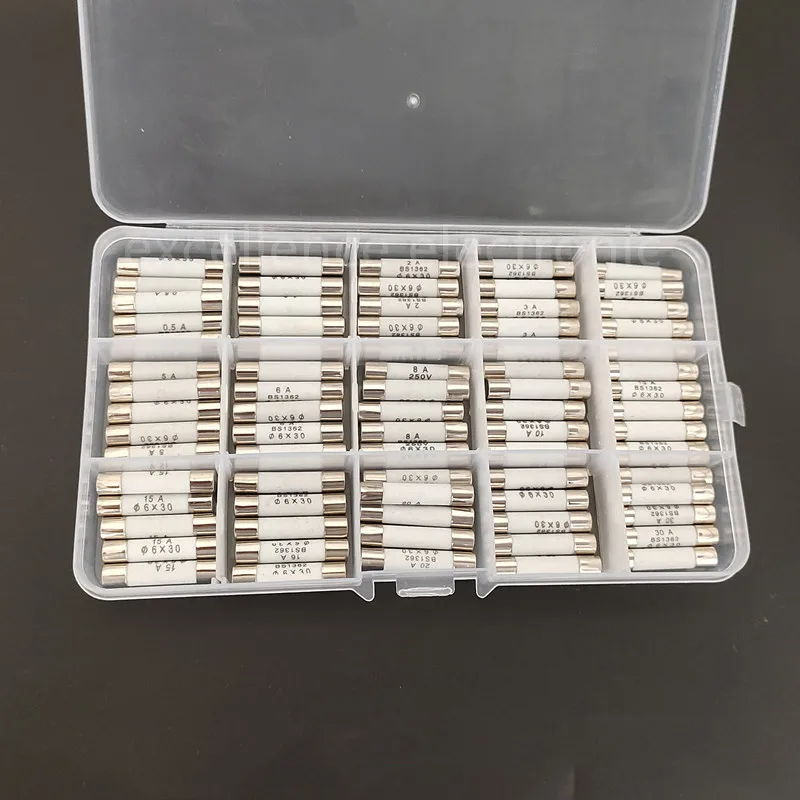 75pcs/boxed 6x30mm Ceramic Fuse 0.5A 1A 2A 3A 4A 5A 6A 8A 10A 13A 15A 20A 25A 30A 250V 6x30mm Insurance Tube Assortment Kit