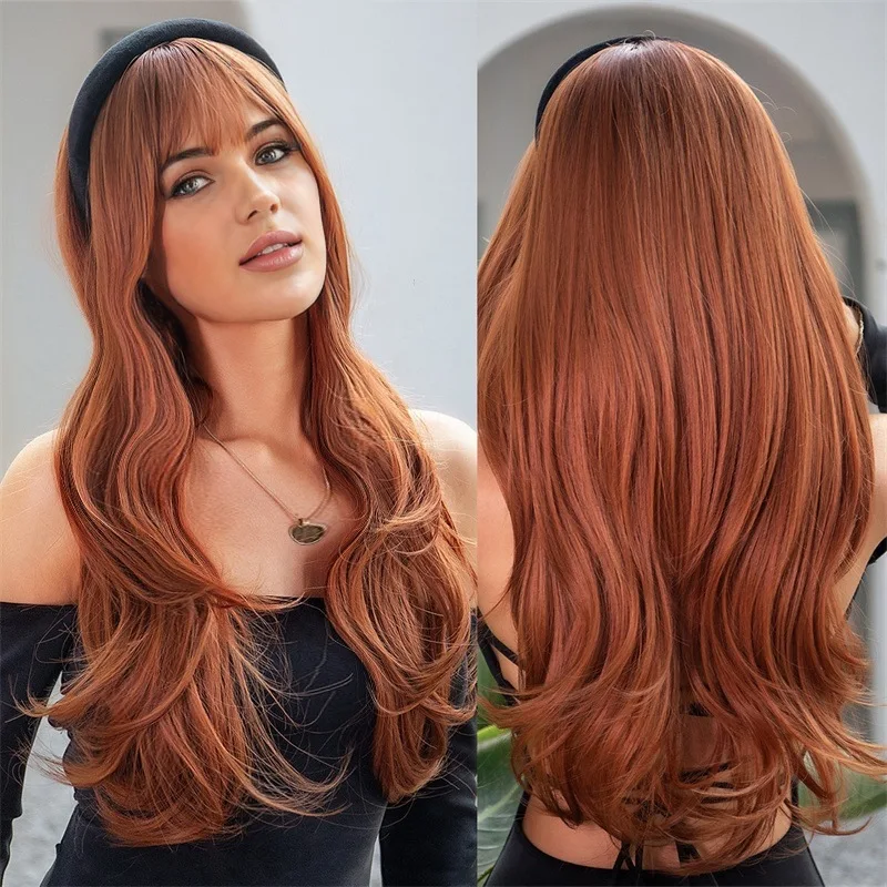 New sales of women\'s pink long curly air bangs long curly hair straight bangs synthetic hair big wave wig