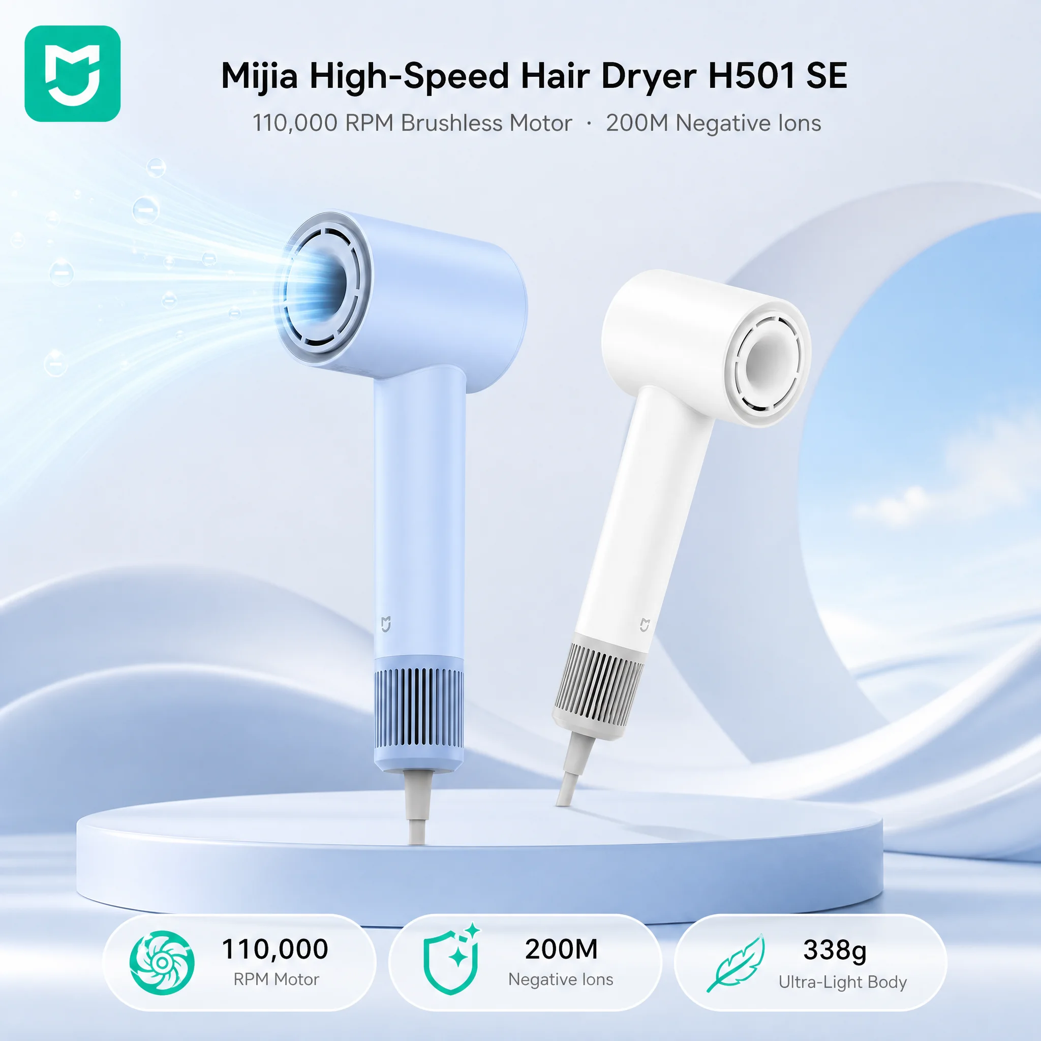 Original Mijia High Speed Blow Dryer H501 SE 110000RPM Negative Ions Lightweight Fast Drying Hair Dryer for Home & Travel