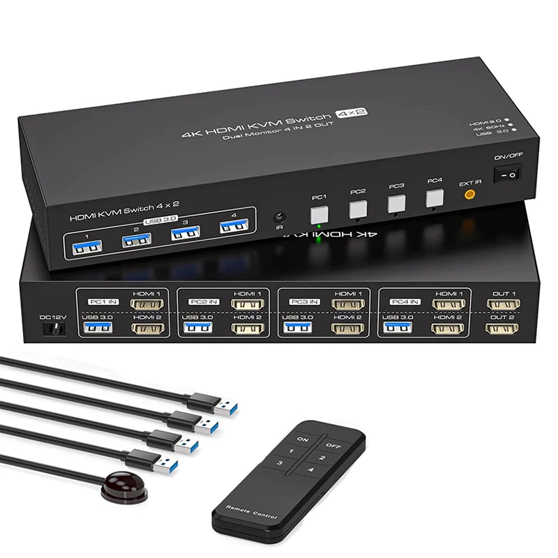 

HDMI KVM Switch 4 PC 2 Monitors,4K@60Hz 4 Port KVM Switches for 4 PCs Share 2 Monitor and 4 USB 3.0 Devices with Remote Control