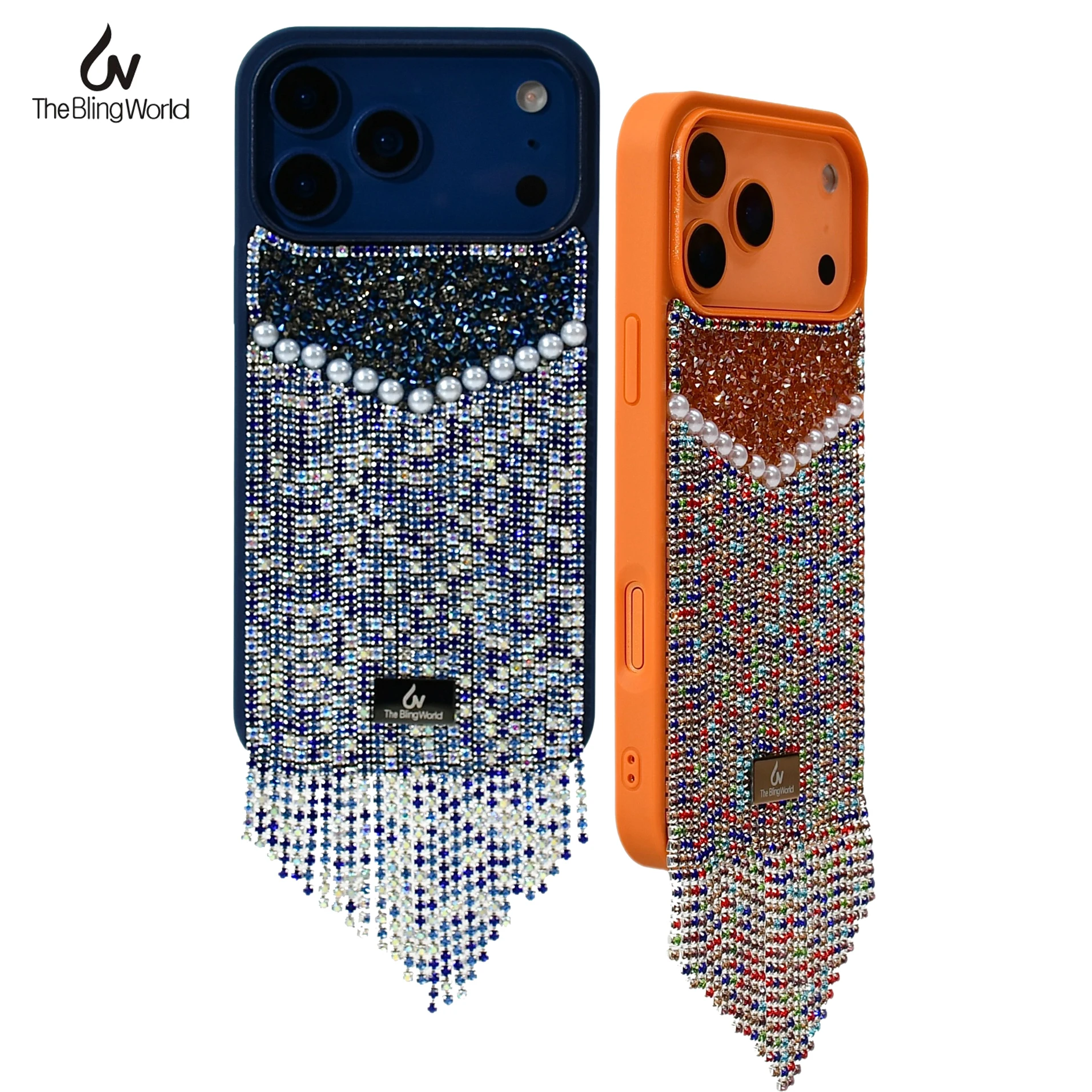 

The Bling World Luxury Pearl Crystal V-Tassel Case for iPhone 17 16 15 Pro Max 14 Plus Shiny Diamond Rhinestone Chain Women Case
