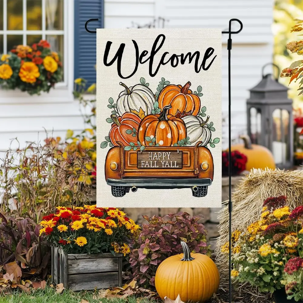 CROWNED BEAUTY Fall Garden Flag Pumpkin Truck 12x18 Inch Double Sided Burlap for Outside Welcome Small Seasonal Autumn Yard  LLE