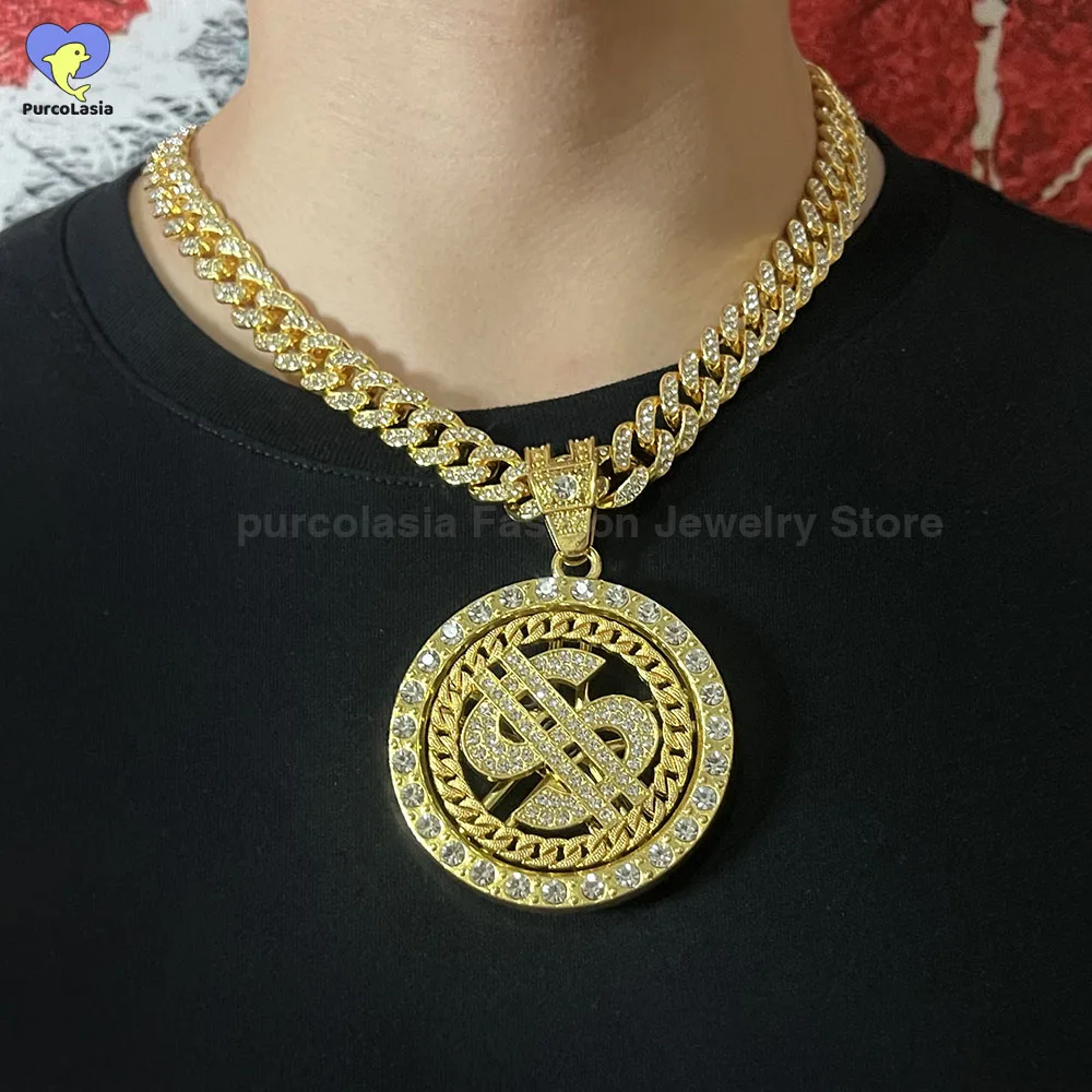 Shiny Rotatable Dollar Pendant Necklace 2 Colors Hip Hop Cuban Link Chain for Men Iced Out Bling Chain Jewelry