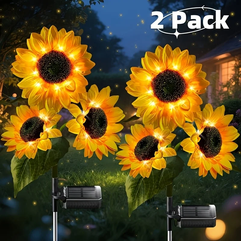 2PCS Solar-Powered Sunflower LED Outdoor Garden Decor Set, Set with 6 Artificial Sunflowers, Durable ABS Material, Ideal for Halloween, Christmas, Thanksgiving, Courtyards, Landscapes, Patios And Pathways, Lawn Landscape Ornaments