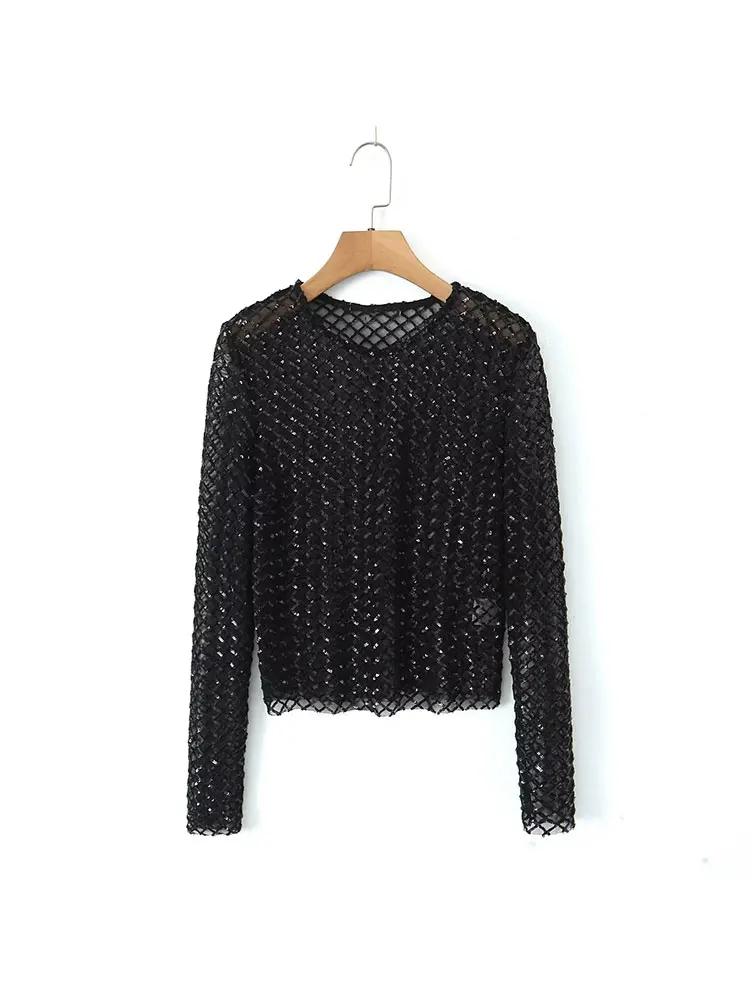 TRAF 2024 Autumn New Women Sequin Decoration Mesh T-shirt Casual Female Long Sleeved Slim Fit Tops