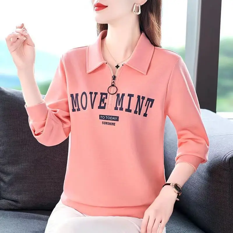 Fashion Lapel Zipper Printed Letter Polo Shirts Women's Clothing 2024 Autumn Winter New Loose Casual Tops Commuter Tee Shirt