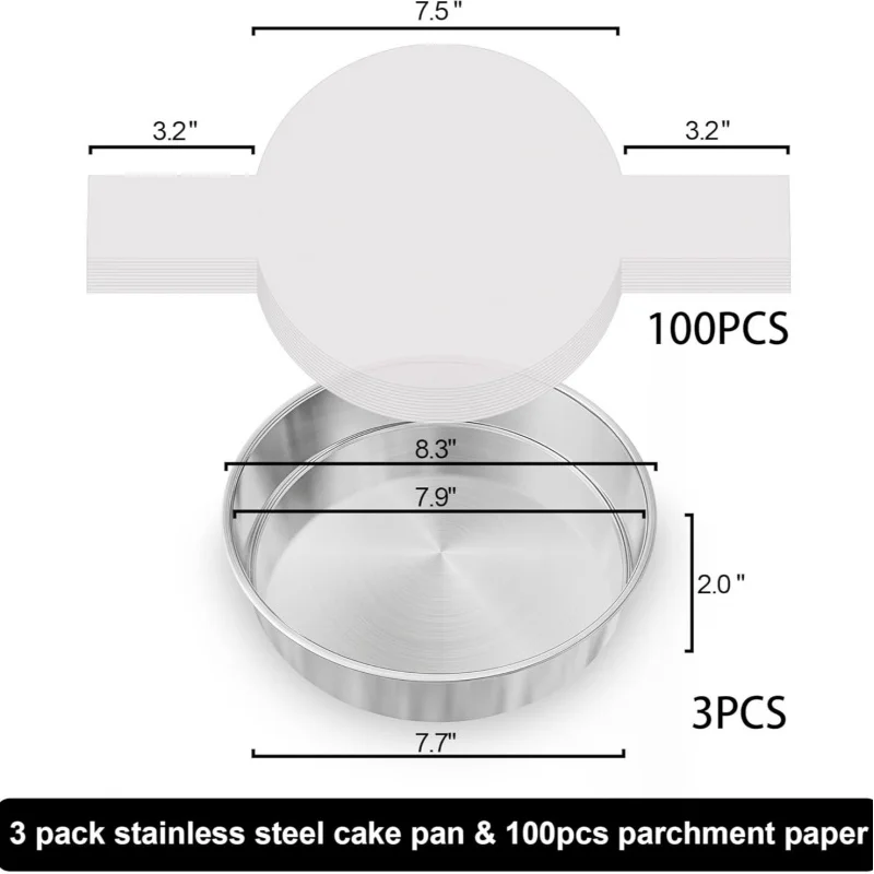 【3PCS & 100-Sheet Set】Round Cake Pan with Parchment Papers, for Baking, Steaming, Making Pastries - Non-Stick Baking Pan Kit