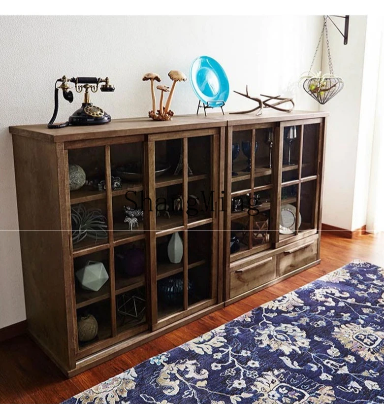 ZYY solid wood retro kitchen low cabinet black walnut storage cabinet living room storage tea cabinet